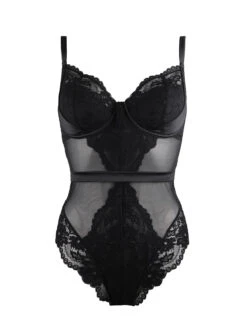 Pour Moi Satin Luxe Underwire Bodysuit -Elomi Underwear Shop 11805SatinLuxeandLaceUWBodysuitBlackFrontEdited