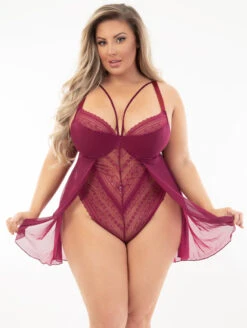 Escante Flyaway Skirted Teddy -Elomi Underwear Shop 30411WinePlusFront2