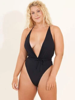 Maaji Safari Plunge One Piece Swimsuit -Elomi Underwear Shop 3227SOC002SafariVNeckOnePiecePlungeBlackOrchidFrontPlus