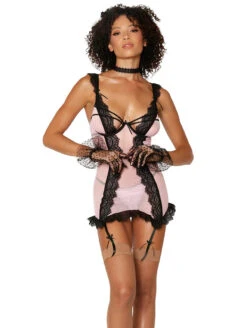 Dreamgirl Lace And Mesh Garter Slip Set -Elomi Underwear Shop DreamgirlLaceandMeshGarterSlipBlackPink12783XFront
