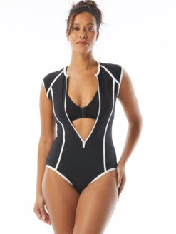 Beach House Zip Front One Piece Swimsuit -Elomi Underwear Shop H22718ZipFrontOncePieceBlackFrontEditUnzipped
