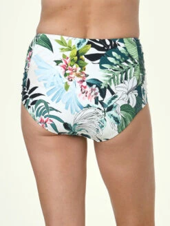 Jantzen Nature Glow Side Shirred Comfort Core Bikini Brief -Elomi Underwear Shop JZ23003HSideShirredComfortCoreBottomPalmLeafsBackEdited