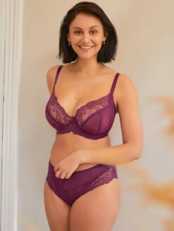 Panache Ana Plunge Bra -Elomi Underwear Shop 9396AnaPlungeBra9395AnaBriefDamsonFrontLifestyle2