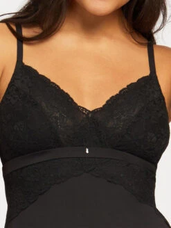 Montelle Bust Support Mid Length Gown -Elomi Underwear Shop 9399PureMidLengthGownBlackFrontCloseUp