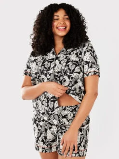 Chelsea Peers Cotton Short PJ Set -Elomi Underwear Shop ChelseaPeersCottonButtonUpShortPJSetCW2008RTTL01BlackAndWhiteFront2