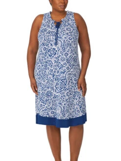 Ellen Tracy Sleeveless Midi Gown -Elomi Underwear Shop EllenTracyMidiGownPlusBlueWhiteTileN9225599FrontTied