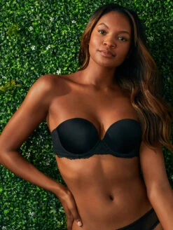 On Gossamer Basic Strapless Bra -Elomi Underwear Shop G3162OnGossamerStraplessBraBlackFrontLifestyle3